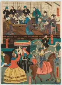 Diversiones de los extranjeros de Yokohama en Bushū, Utagawa Yoshitora, 1861. Estampa de un tríptico ukiyo-e, técnica nishiki-e. Colección particular.