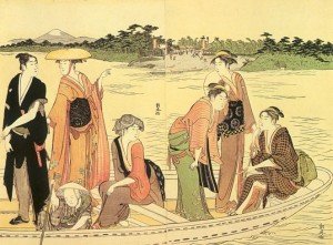 Ferry cruzando el río Rokugo, Tori Kiyonaga,(1754).