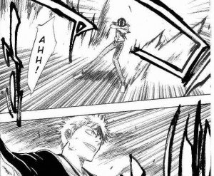 Escena de acción en el manga nekketsu, Bleach. 