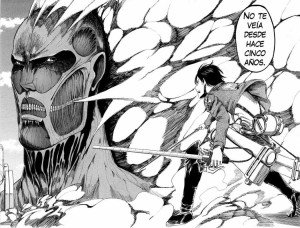 Enfrentamiento entre Eren y el Titán Colosal.
