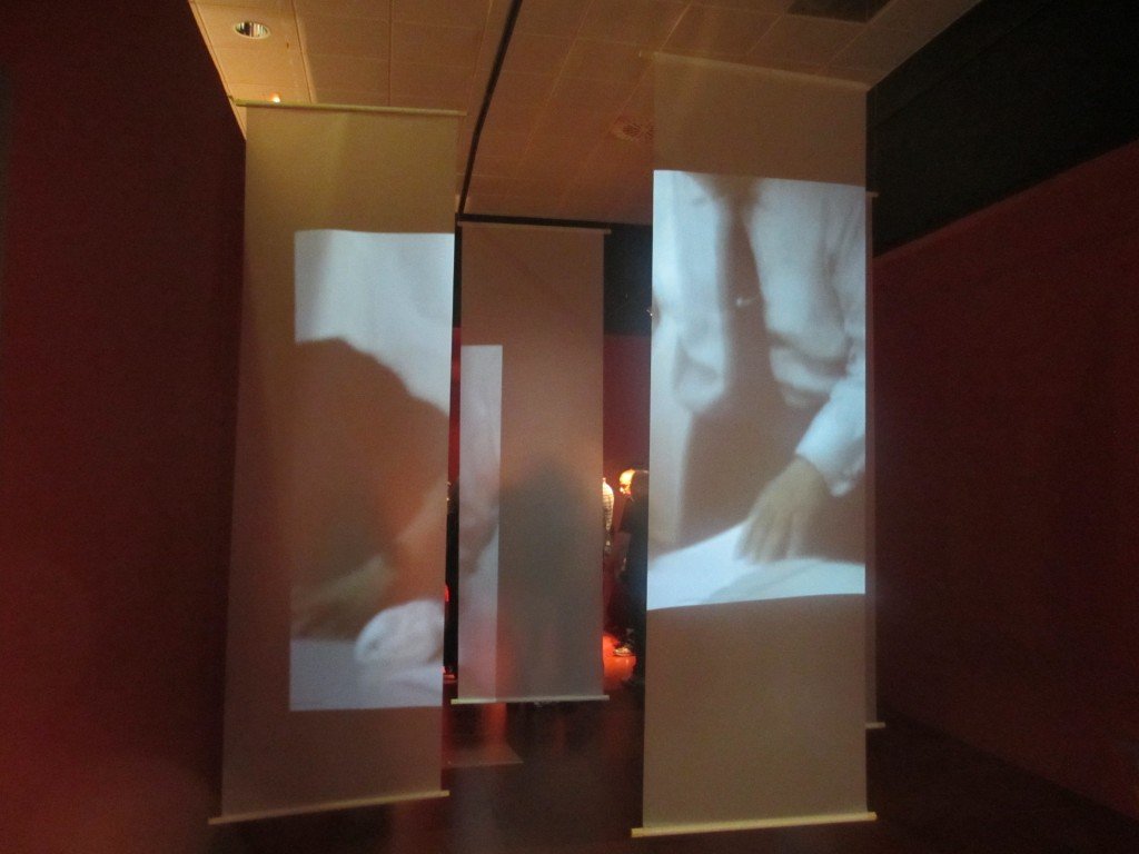 Paneles en los que se proyecta el vídeo de Yoshizawa dando vida a un cisne. 