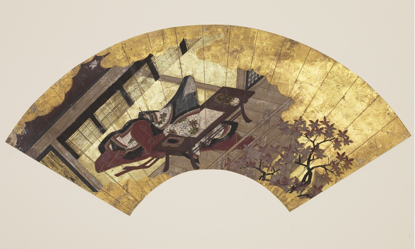 Abanico de la escuela Tosa donde se retrata a la escritora de la corte Heian Murasaki Shikibu, autora del Genjimonogatari.