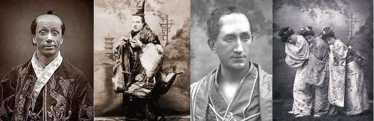 De izquierda a derecha: George Grossmith como Ko-Ko, Richard Temple como el Mikado, Durward Lely como Nanki-Poo y Sybil Grey, Leonora Braham y Jessie Bond como Peep-Bo, Yum-Yum y Pitti-Sing.