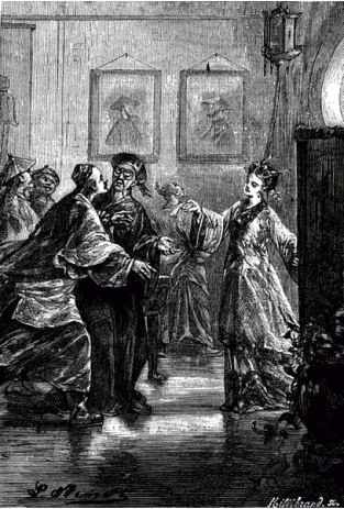 La dulce Le-u, prometida de Kin-Fo, aguardará pacientemente su regreso. Ilustración de Léon Benett (1879).