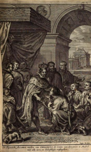 Los miembros de la Embajada Tenshô en la recepción de Felipe II en 1584.