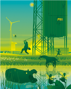 Kouzou Sakai. Obra extraída de la serie definida como The mind world of color, realizada en distintas escalas de azul y amarillo, que acaban formando verdes.