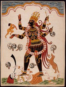Pintura india que representa a la diosa Kali, que como se observa tiene asociados los mismos colores simbólicos que Rangda.
