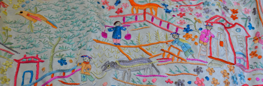 Escena de agricultores que cumplen con sus obligaciones en un mundo armonioso.