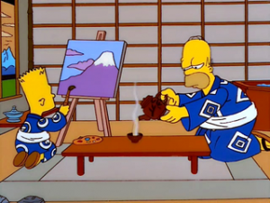 Bart y Homer Simpson disfrutando de su estancia en una prisión japonesa.