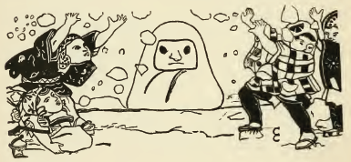 Ilustración de Matilda Chaplin Ayrton para la obra comentada donde muestra a niños japoneses de la época jugando junto a un Daruma de nieve.