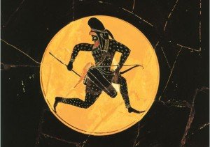 Arquero persa representado con el atuendo contemporáneo de época helenística en una pieza cerámica griega que representa a los ejércitos persas que luchaban para Alejandro Magno.