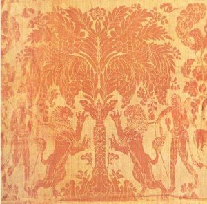 Textil sirio con leones rampantes y sus guardianes al  lado del árbol de la vida. Guardado en época Nara en Japón, en el tesoro del Shosho-in, entregado  al emperador Shomu en el 754 d.C.