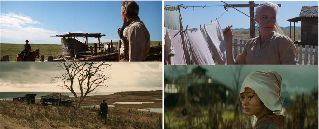 Arriba dos escenas de Sin Perdón y abajo su comparación con el film Unforgiven. Los fotogramas de la izquierda nos muestran a Eastwood/Watanabe junto a su cabaña; mientras que en los de la derecha vemos a la prostituta (Anna Levine/Shiori Kutsuna).