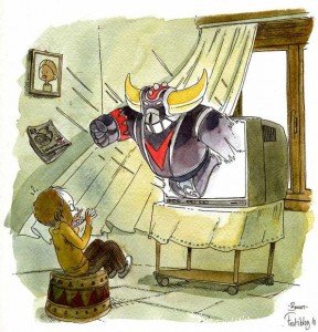 Imagen del ilustrador francés Boulet. Representa a un Mazinger  Z especialmente musculoso surgiendo de la televisión para  golpear a un niño. La serie japonesa fue una de las muchas que  cosecharon críticas en España, EEUU o Francia acerca de su  carácter violento y la capacidad de deformación que podían tener  sus argumentos en la mente infantil.