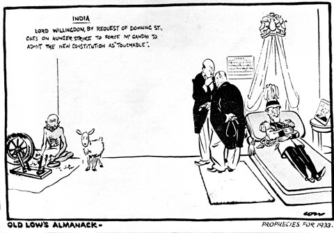 Caricatura de 1932 en la que vemos al Virrey Willingdon enfrentándose a Gandhi mediante una huelga de hambre.