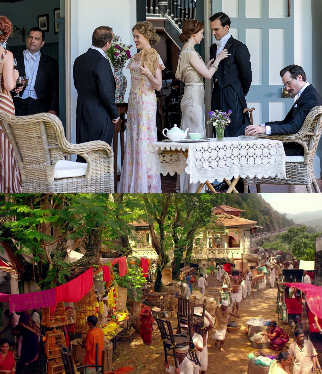 Arriba, la imagen de una cena de etiqueta en el Club, que contrasta con el bullicio de las calles de Simla, abajo.