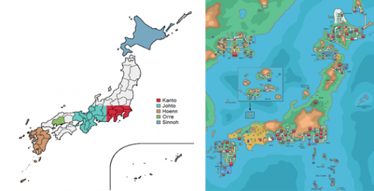 Los mapas muestran las regiones del mundo Pokémon superpuestas sobre el territorio del archipiélago japonés coincidiendo con las localizaciones geográficas en las que están inspiradas.