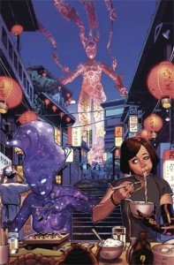 Ilustración que sirve de portada al número 7 de Fuerza V, en la que aparece Nico Minoru junto a Singularidad disfrutando de una cena a base de comida japonesa.