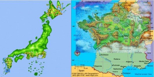 Mapas de las regiones Pokémon, en el mapa de la derecha se muestra la región de Kalos superpuesta sobre el mapa de Francia.