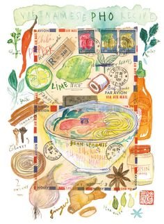 Vietnamese PHO recipe. Ilustración de Lucile Prache. 