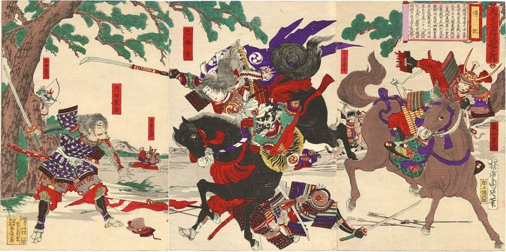 Tomoe Gozen con Uchida Ieyoshi y Hatakeyama no Shigetada, grabado de Yoshu Chikanobu, 1899
