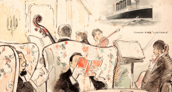 Reproducciones a color de algunos dibujos de Junyent que muestran el lujo del Lusitania. 