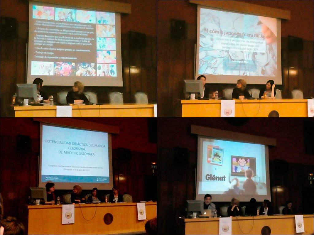 Los participantes del panel dedicado a manga y cómic de influencia japonesa: María Gutiérrez (arriba a la izquierda), Julia Rigual (arriba a la derecha), Pilar Rivero (abajo a la izquierda) y José Andrés Santiago (abajo a la derecha).